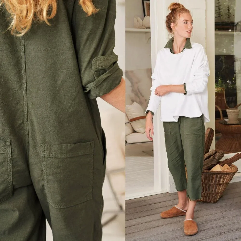 Frank & Eileen Northern Ireland Jumpsuit Army Green Italian Linen‎ Size M